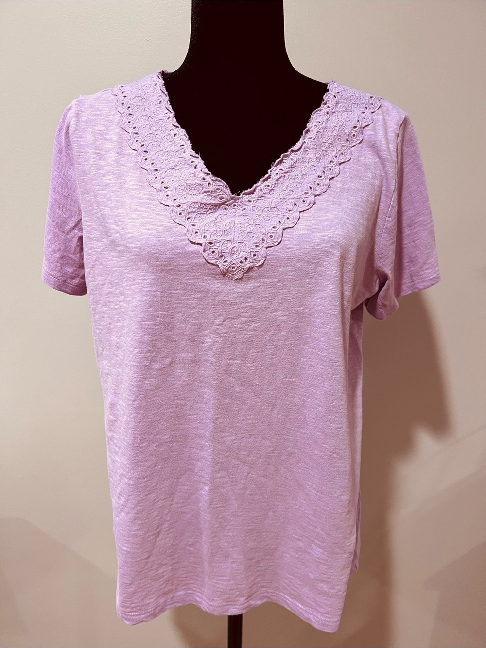 Talbots Decorative Lace-Trim V-Neck Short Sleeve Top - Lilac, Large